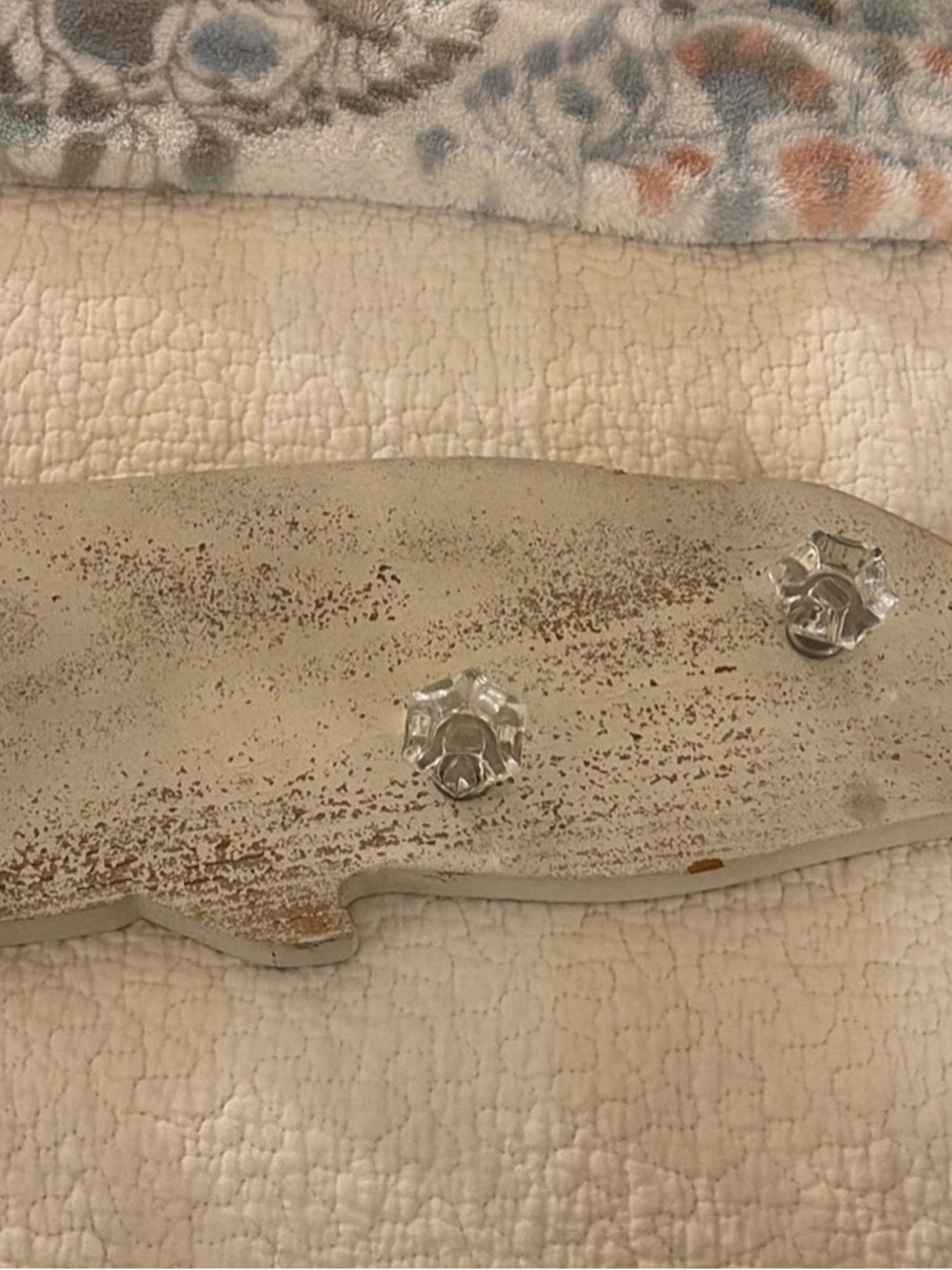 Distressed White Wood Whale Wall Hook Rack with Glass Knobs